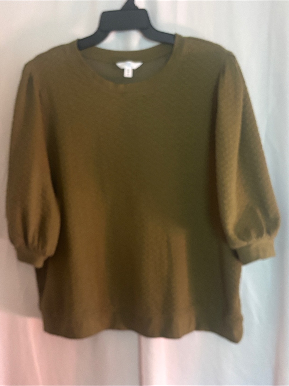 Time and Tru Textured Puff-Sleeve Knit Pullover in Olive Green